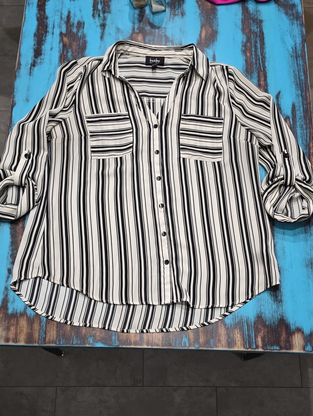 by & by Black and White Vertical Stripe Button-Down Shirt